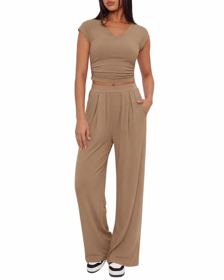 BTFBM Womens 2 Piece Outfits Spring 2026 V Neck Cap Sleeve Ruched Top Wide Leg Pants Sets Rib Knit Lounge Matching Set(Khaki, XX-Large) (Brown, XXL)