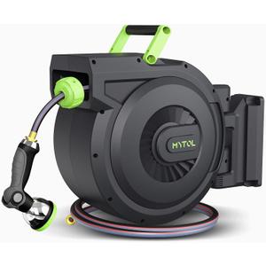 MYTOL Retractable Garden Hose Reel, 1/2 Inch x 100 ft + 6 ft Wall Mount Hose Reel with Automatic Slow Rewind System, Any Length Lock, 10 Patterns Hose Nozzle, 180°Swivel Bracket, for Garden Watering