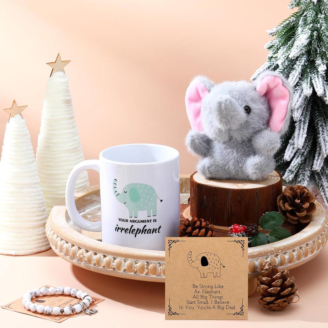 3 Pcs Christmas White Elephant Gifts for Women Elephant Coffee Mug Plush Doll Keychain and Bracelet with Inspirational Card Christmas Holiday Birthday Gift for Women Man Animal Lover