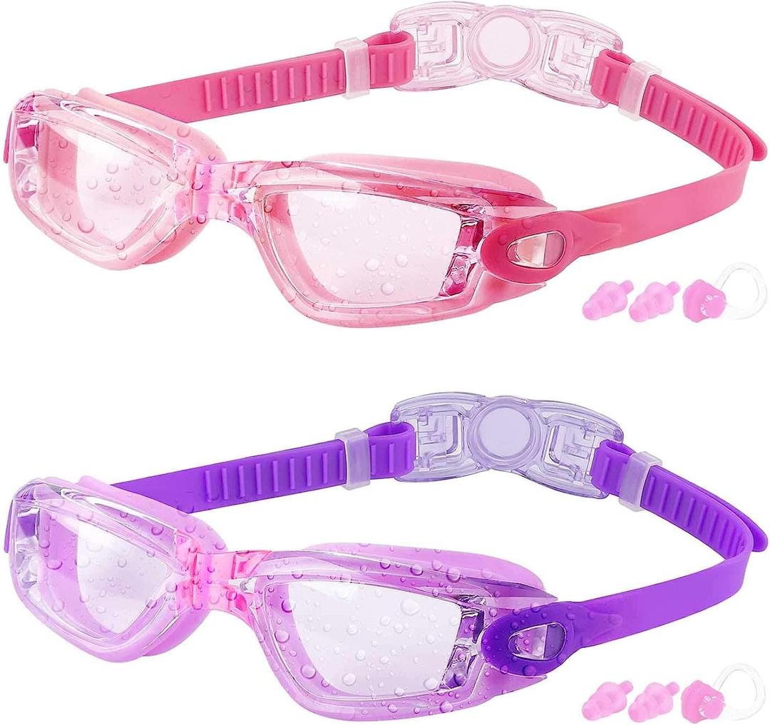 COOLOO Kids Swim Goggles, 2 Packs Swimming Goggles for Kids Girls Boys and Child Age 4-16 (01.purple/Clear Lens&light Pink/Clear Lens)