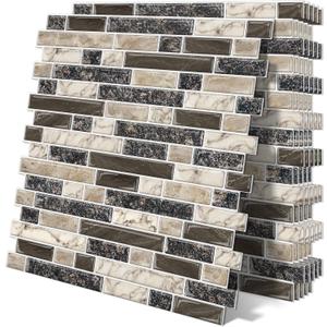 Thick Peel and Stick Backsplash Tile 12"x12" 3D Self Adhesive Marble Tiles for Kitchen and Bathroom Wall (10-Sheet,Brown)