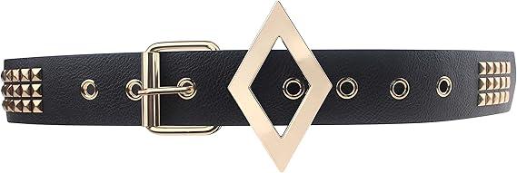 Coolcoco Black Leather Gold Studded Belt with Metal Buckle for Women Girls Cosplay Accessory Outfit, Fit From 35" to 43"