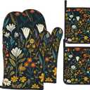 Vintage Flowers Oven Mitts and Heat Resistant Pads - Heat Resistant Gloves Potholder Set of 4 for Cooking, BBQ, Gifts for Women