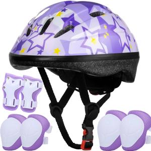 Kids Helmet Adjustable for Kids Ages 3-8 Years Old Boys Girls, Toddler Helmet with Protective Sports Gear Set Knee Elbow Pads Wrist Guards for Cycling Skateboard Scooter (Purple)