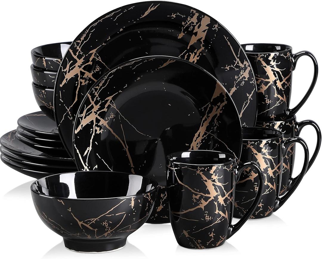 LOVECASA Black Plates and Bowls Sets for 4, Porcelain Dinnerware Sets 16 Piece Gold Splash Glaze Ceramic Dish Set, Round Dinner Set with Mugs, Dishwasher Microwave Safe