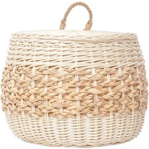 Vintage multi-purpose storage basket with lid, plant material hand-woven storage basket, suitable for bedroom, living room, bathroom, white