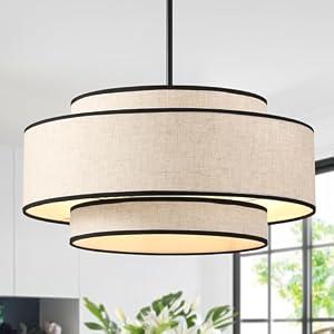 MeiShiDeng 19.7''Black Drum Chandelier Dining Room Light Fixtures,5-Light Modern Farmhouse Chandelier with White Linen Lampshade,3-Tier Pendant Lights for Kitchen Island, Foyer, Entryway, Bedroom