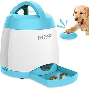 PETGEEK Automatic Dog Treat Dispenser with Button - Puzzle Memory Training Feeder, Pet Geek Button Treat Food Dispensing Toys Interactive, Iq Training Dog Feeder (Blue)