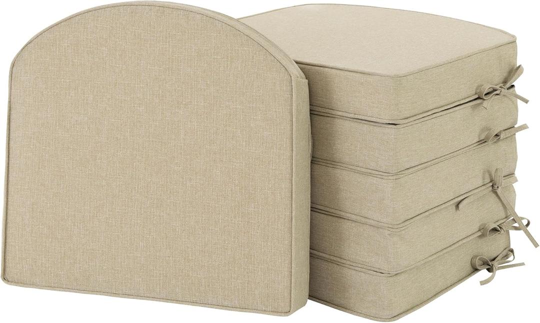 Outdoor Chair Cushions, Fade-Resistant & Water-Resistant, D Shaped Patio Furniture Seat Chair Pads Replacement with Ties, Non-Slip Bottom, Removable Cover, Set of 6, 18.5 x 16 Inch, Natural