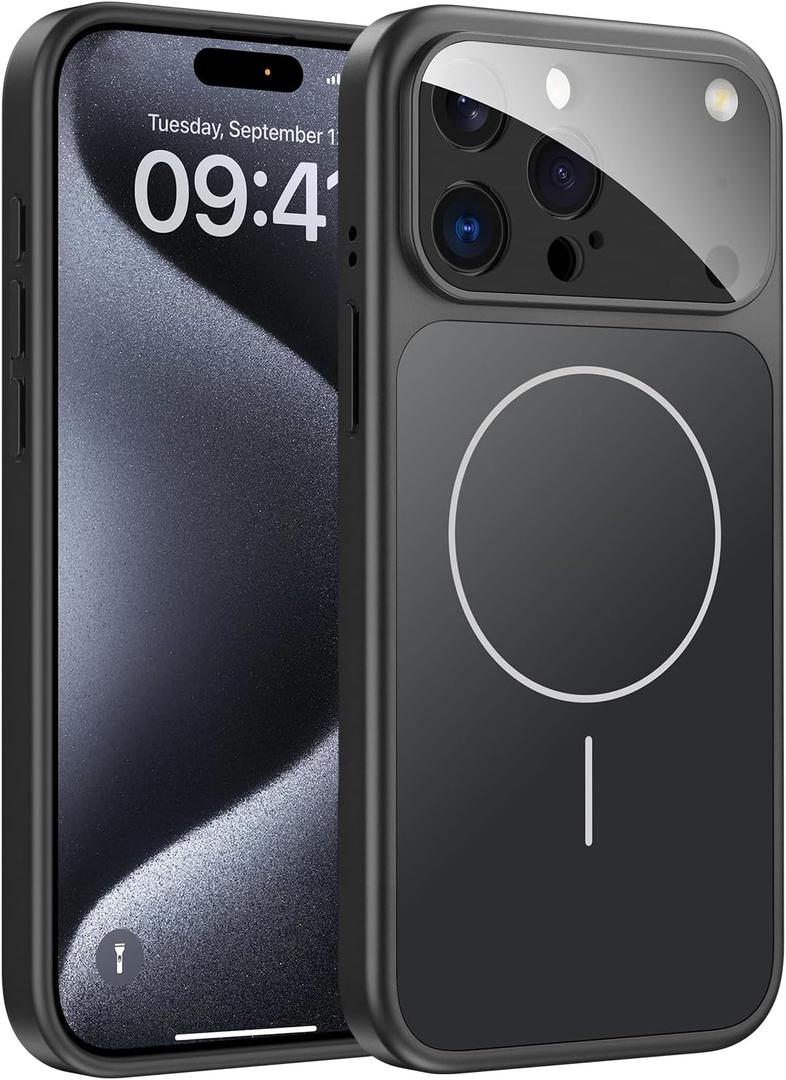TOBOVON for iPhone 15 Pro Case with Camera Lens Protector, Compatible with MagSafe, Slim Matte Magnetic Shockproof Phone Cover for iPhone15 Pro, Black