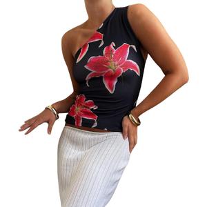 Y2K Spaghetti Strap Crop Top Vintage Floral Aesthetic Cami Tank Tops Teen Cute Summer Trendy Scoop Neck Going Out Tops (Small, One Shoulder Black Floral)