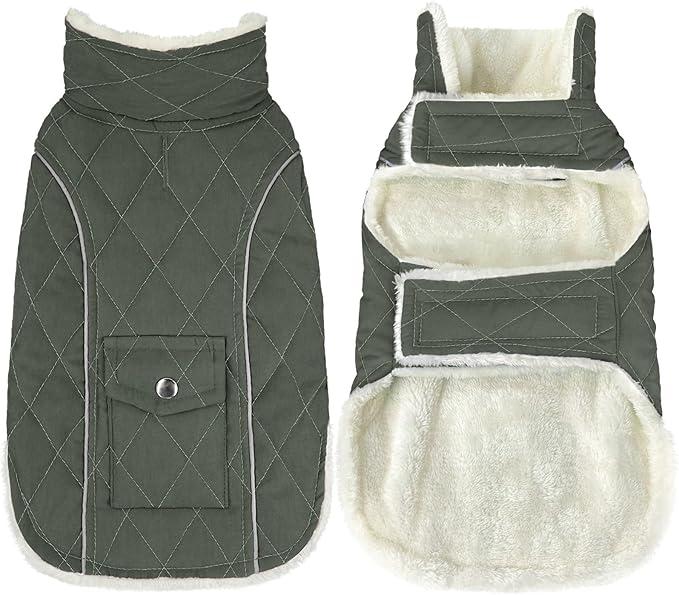 Malier Dog Winter Coat, Windproof Dog Cold Weather Coats with Real Pocket, Winter Extra Warm Pet Coat Fleece Jacket Reflective Clothes for Small Medium Large Dogs and Puppy (Green, Small)