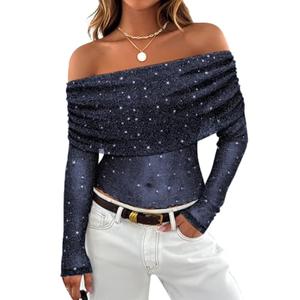 FEMLE Women Sparkly Off The Shoulder Sheer Mesh Tops Glitter Star See Through Long Sleeve Foldover Top Party Concert Outfits Dark Blue L