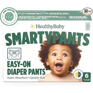 SmartyPants Pull Up Style Diapers | EWG Verified Safe & Plant-Based | Quilted 360 Waistband, Super Absorbent for Overnight Leak Protection | Training Pants by HealthyBaby | Size 6 (32 -40Lbs)