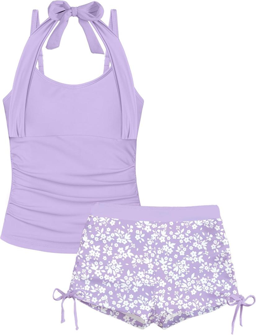Girls Swimsuit 2 Piece Halterneck Girls Tankini Swimsuit Drawstring Printed Swim Shorts Girl Bathing Suit for 7-18T (Purple)