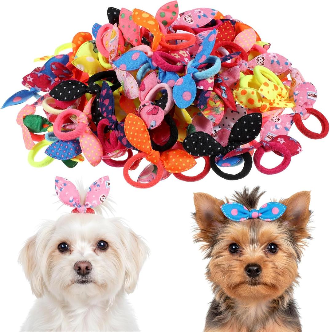 100 Pcs Dog Hair Ties, Colorful Rabbit Ear Hair Accessories with Elastic Bands Pet Hair Bands for Grooming Styling