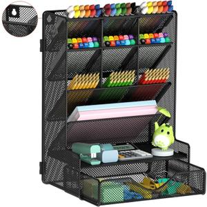 Pen Organizer for Desk, Multi-Functional Desk Organizer, Wall Mount Pen Holder with Drawer for School, Office, Home, Art Supplies, Black (Large)