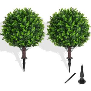Artificial Topiary Tree with Eucalyptus, Set of 2 Artificial Shrub Bushes with Ground Spike, Fake Evergreen Tree for Porch, Artificial Plants for Outdoor Planters Indoor UV Resistant