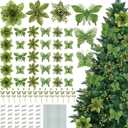 122 Pcs Christmas Glitter Poinsettia Artificial Flowers Berry Picks Butterfly Christmas Tree Ornaments 3 Styles Poinsettia kit with Clip for Xmas Wreath Home Tree Decor(Green)