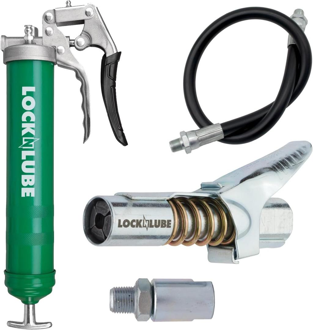 LockNLube Heavy-Duty Pistol Grip Grease Gun. Includes our patented LockNLube Grease Coupler (Locks On, Stays On, Won't Leak!) plus a high-quality 20" hose and in-line hose swivel (Green)