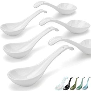 Artena Bright White 6.75 inch Asian Soup Spoons Set of 6, Ultra-fine Porcelain Tablespoon, Chinese/Japanese Kitchen Soup Spoons for Cereal, Ramen Pho - Deep Oval Hook Design (White)