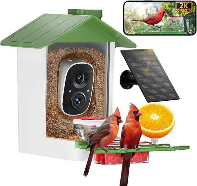 Bird Feeder with Camera 2K HD AI Smart Identify BirdSpecies Solar Panel Outdoors Birdhouse with Cam, Instant Arrival Alerts, Capture BirdVideo, Gifts for Mom Dad