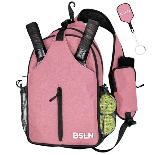 BSLN Pickleball Bag - Pickleball Bags for Women Men, Crossbody Sports Backpack – Adjustable Sling Bag with Hanging Fence Hook(Pink)