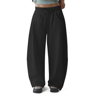 HeSaYep Women's Fleece Lined Sweatpants Barrel Leg Baggy Sweat Pants Winter Thermal Cotton Pants with Pockets (Medium, Black)