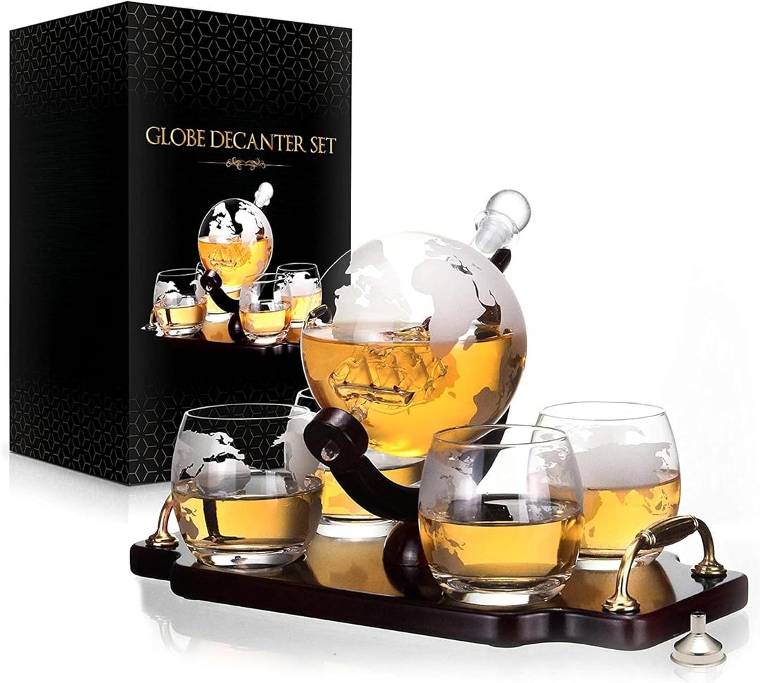flybold Whiskey Globe Decanter and Glass Set Antique Ship Masterpiece Great Gift for Men 28 oz 850 ml 4 globe Glasses for Whisky Brandy Scotch Bourbon