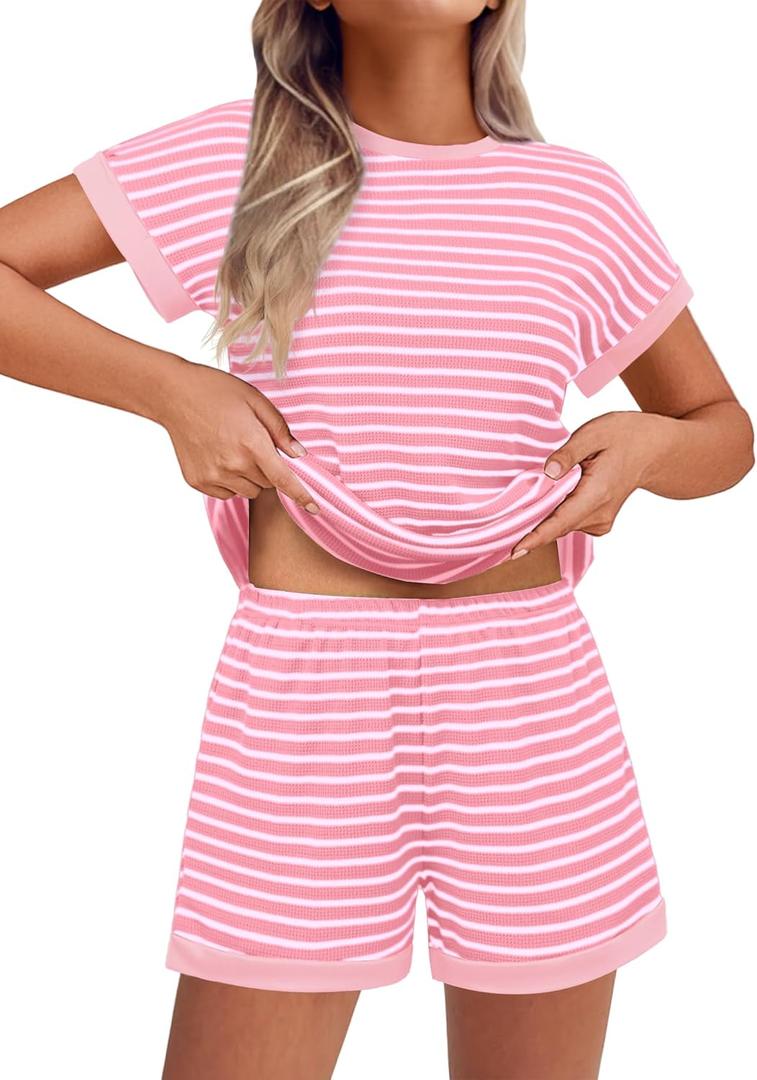 Ekouaer Waffle Knit Lounge Set Women Stripe Pajama Sets Short Sleeve Pj Tops and Shorts Matching loungewear with Pockets (XX-Large)