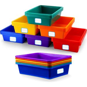 Hoolerry 24 Pcs Plastic Cubby Storage Bins Classroom Cubby Organization with Self Adhesive Labels Bin Small Stackable Storage Containers Toy Book Box for School(14 x 10 x 3 Inch,Colorful)