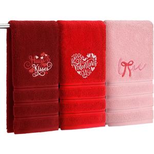 FuWeave 3 Pcs Valentine's Day Hand Towels Happy Valentine Day Pink Heart Embroidered Decorative Towels 13.4X 29.1 Inch 100% Cotton Absorbent Soft Decor Housewarming Gift