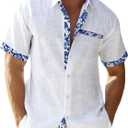 QIVICIMA Men's Hawaiian Shirt Linen Short Sleeve White Pink Sky Blue Button Down Shirt Casual Print Shirts (White, M)