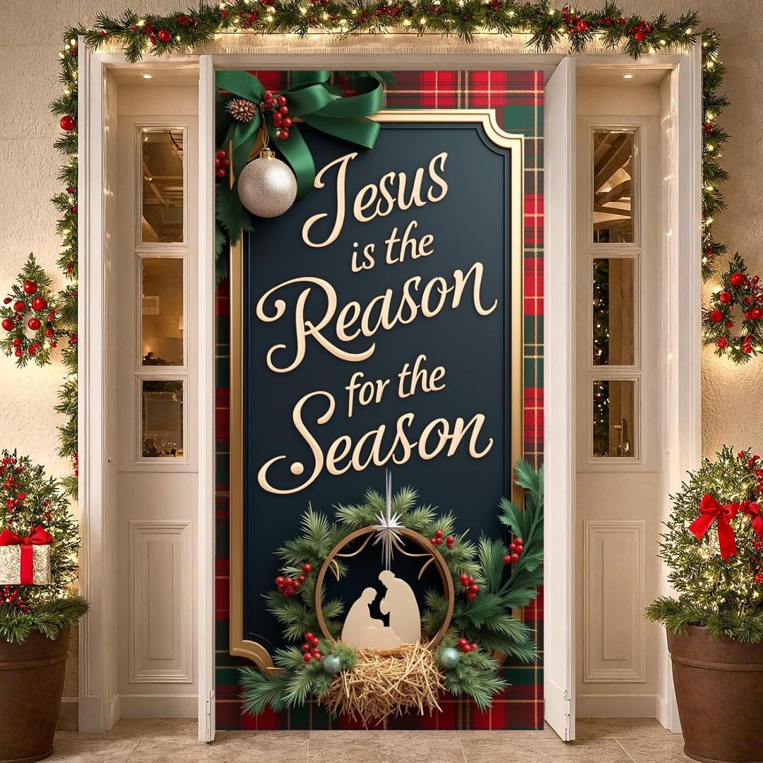 Christmas Religious Door Cover Decorations Nativity Scene Door Banner Background Jesus is the Reason for the Season Porch Front Door Sign Cover for Winter Xmas New Year Decor Party Supplies
