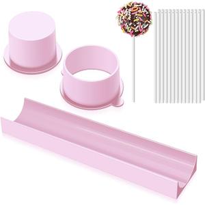 Round Cake Pop Mold Set with 9 Inch Tray and Sticks, ABS Cake Pop Maker, Circle Cake Pop Cutter and Pusher, Baking Molds Kit for Parties, Wedding,Home Desserts Making - Pink