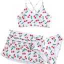 Floerns Girl's 3 Piece Swimsuit Cherry Print Cute Bikini Set with Cover Up Skirt (White Multi)