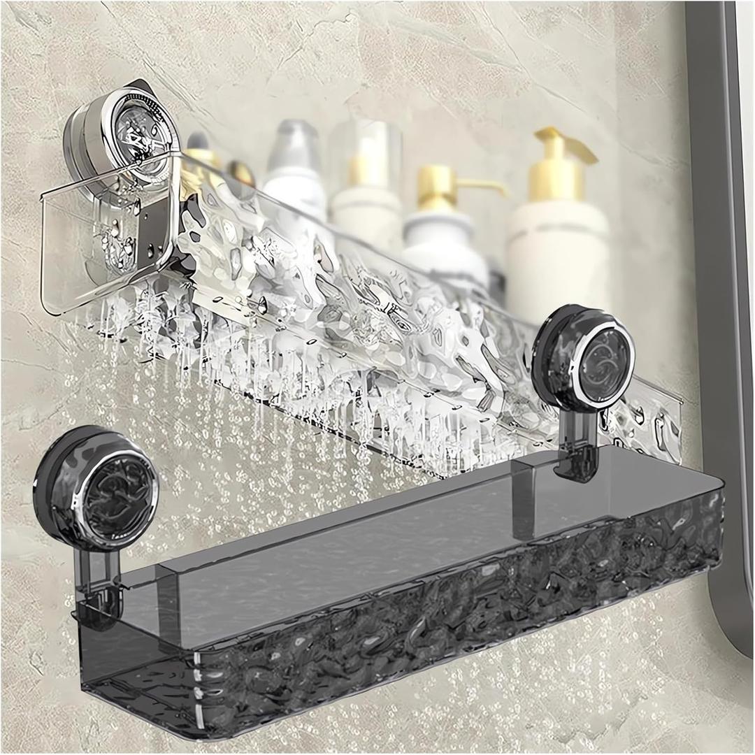 Corrugated Suction Cup Storage Holder Corner Shower Caddy Large Organizer Bathroom Shelf Clear Acrylic Shower Tray Shelves Inside Floating Shower Wall Shelf Bath Basket Rack Heavy Duty (Rect-Grey)