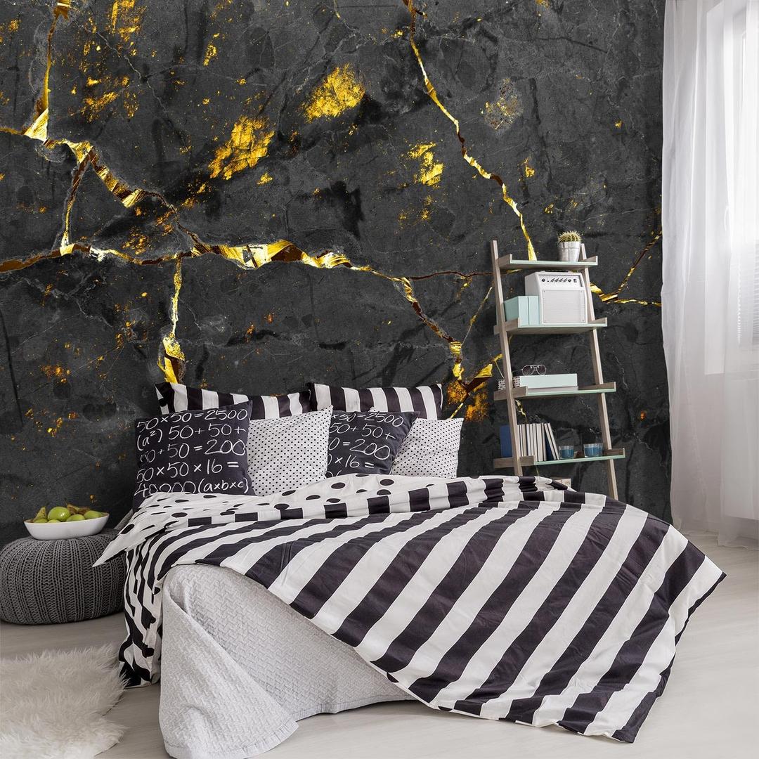 -Black and Gold Marbled Fabric Wallpaper Dark Abstraction Art Living Room Bedroom Bathroom Wall Mural- 91"x65"（ Not Peel and Stick）