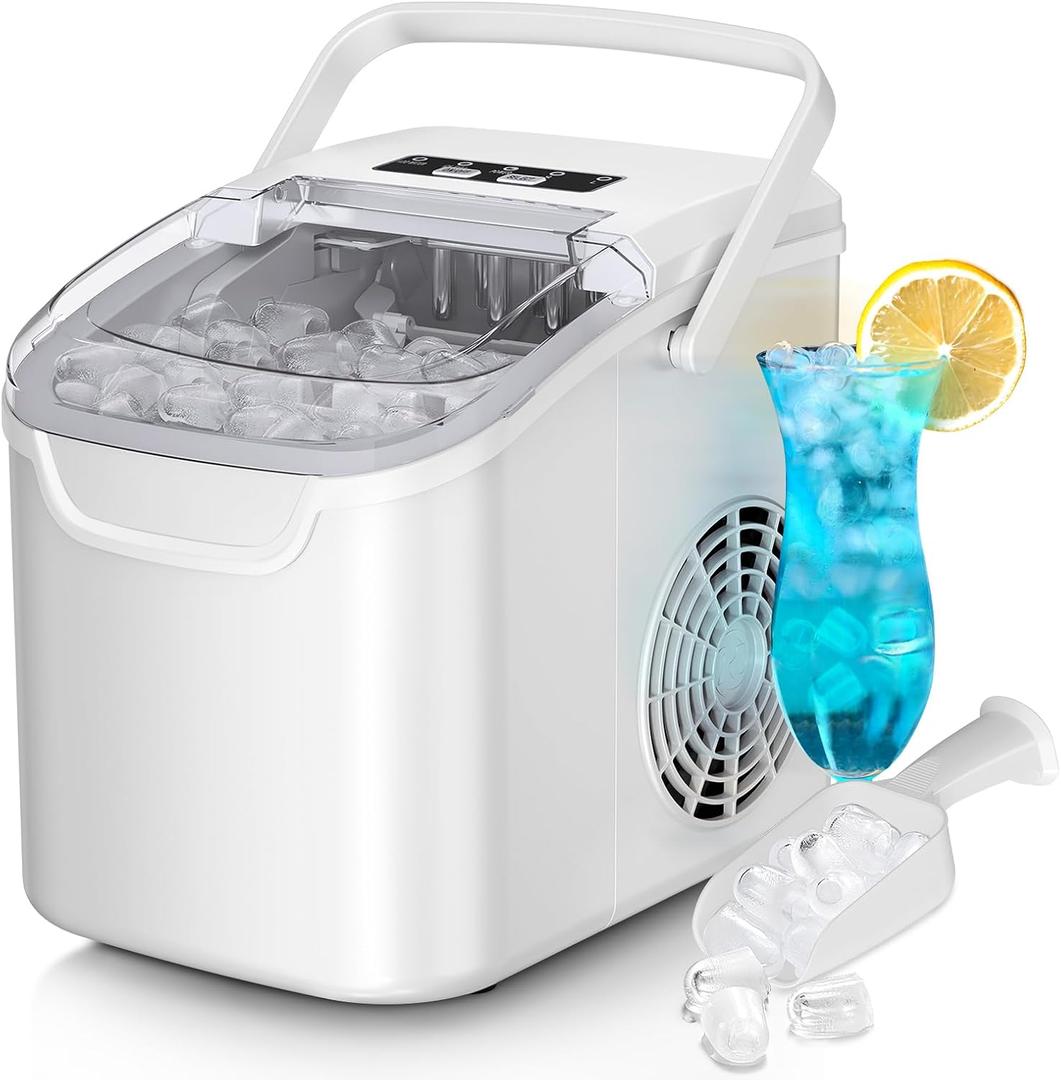 Countertop Ice Maker Machine, 8 Ice Cubes in 6 mins, 26lb/Day Ice with 2 Sizes- Portable Mini, Energy Saving & Basket/Scoop for Home/Party/Travel/Camping/Bar,White