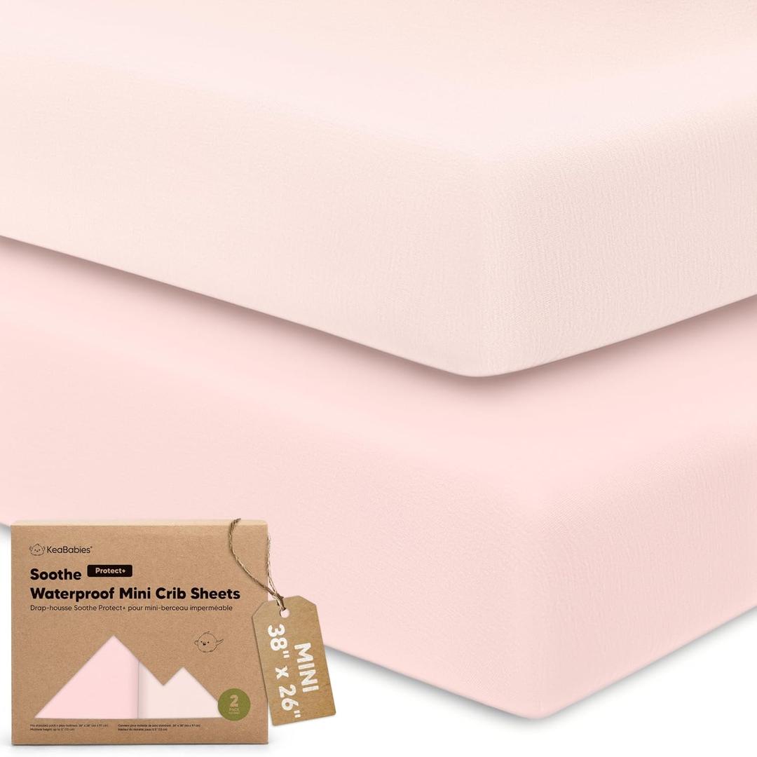 2 Pack and Play Sheets, Waterproof Mini Crib Sheets Fitted - 38x26 Organic Cotton Pack N Play Sheets for Graco Pack and Play Mattress, Playard Baby Crib Sheets,Neutral for Boy,Girl,Toddler(Mist Rose)