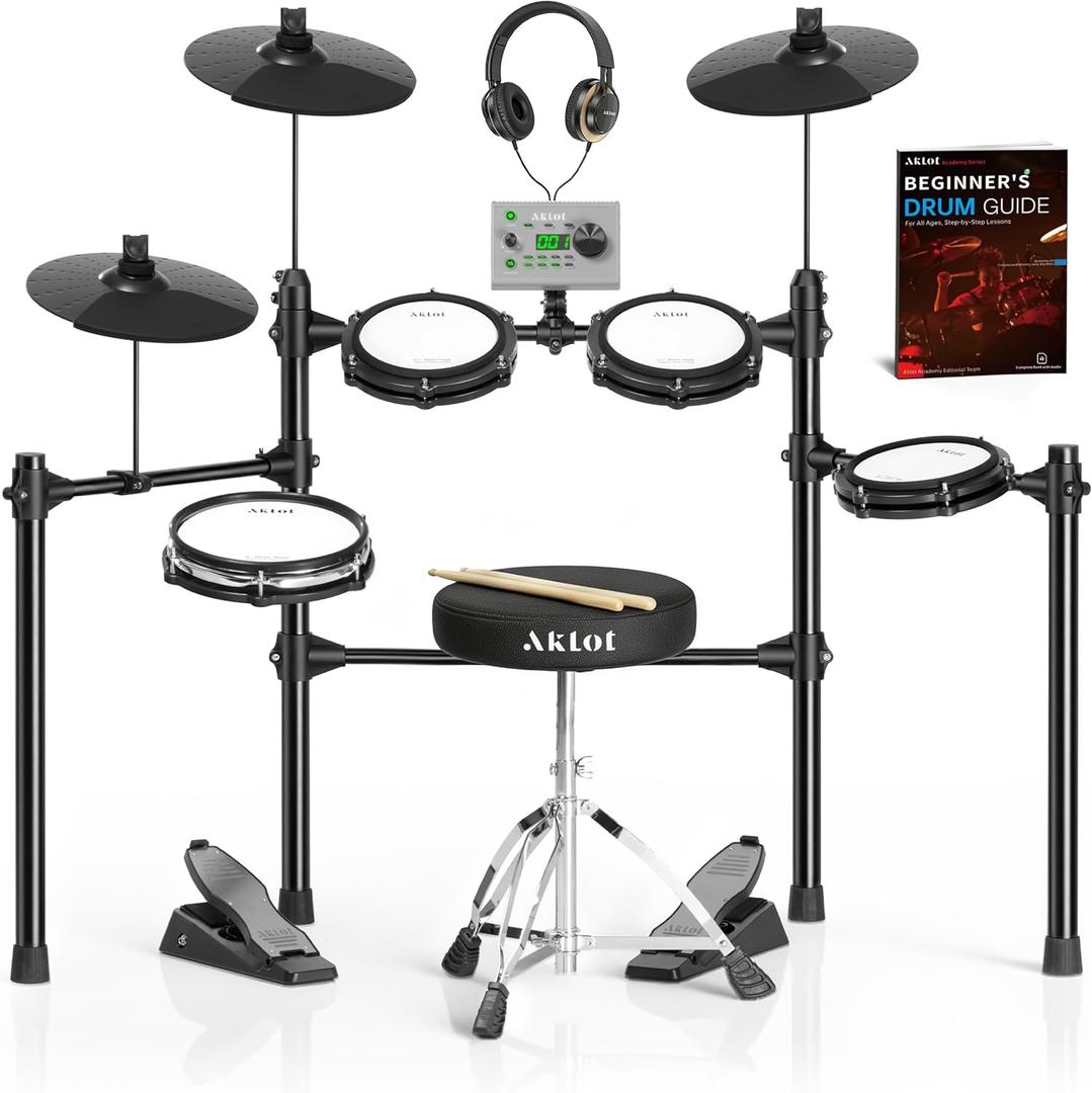 AKLOT Multi-Zone Electric Drum Set: 4 Dual-Trigger Quiet Mesh Drums, 360 Sounds, 10 User Kits, Cymbals with Choke, Electronic Drum Set with Throne, Headphones, Lesson Book for Beginner (B-CORE530Pro)