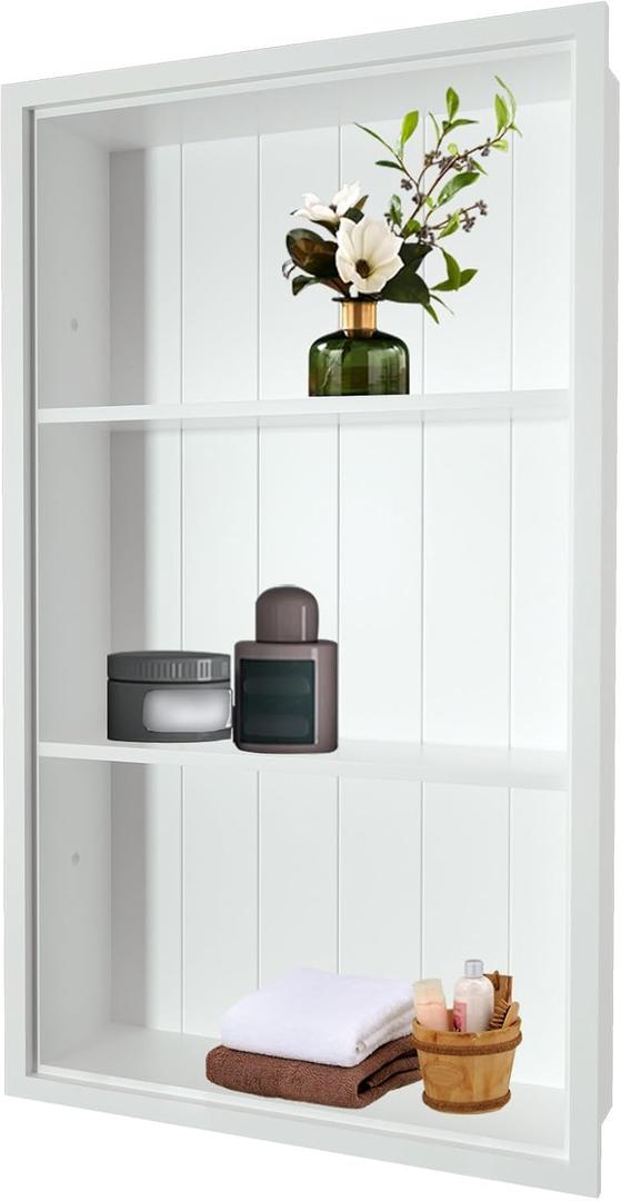 Nalwort 14" x 24" Recessed Medicine Cabinet, 3-Tier Wall Niche, White Solid Wood Wall Niche for Bathroom, Bedroom, Living Room, Kitchen