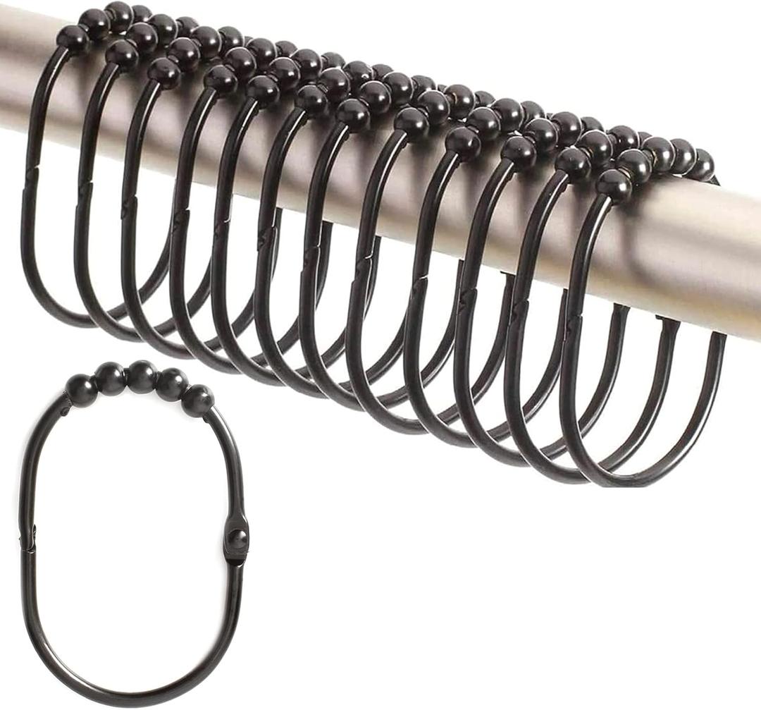 2 Lb. Depot Wide Shower Curtain Ring - Set of 12 Easy Glide and Rust-Proof Rollers - Stainless Steel Shower Curtain Hooks Black for Straight and Curved Rods - Decorative and Durable for Any Bathroom