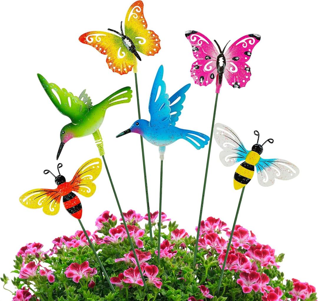 Juegoal 6 Pack Metal Yard Stakes Spring Decor, 15 Inch Outdoor Metal Colorful Butterfly Hummingbird & Bee Shaking Head Yard Art, Rust Proof Plant Sticks for Yard Lawn Pathway Patio Ornaments