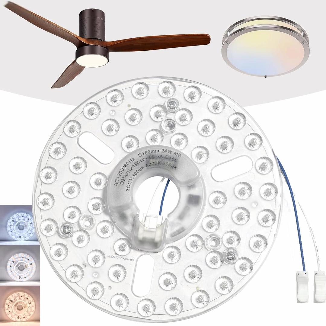 6.3" Ceiling Fan LED Light Engine Replacement Upgrade Retrofit Kit 2200LM Bright 3CCT 3000K 4000K 6000K Daylight Dimmable 120V 24W PCB, Magnetic Easy Install in 5min (cover or globe NOT included)