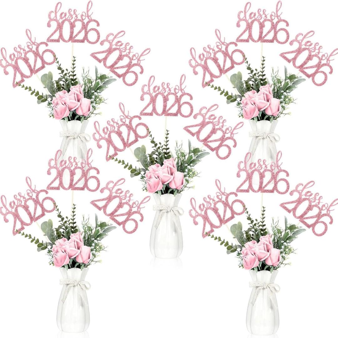 Amyhill 24 Pcs 2026 Graduation Decorations Class of 2026 Graduation Centerpiece Sticks Glitter Double Sided for Table Grad Party Decorations for Vase Table Toppers Supplies(Pink)