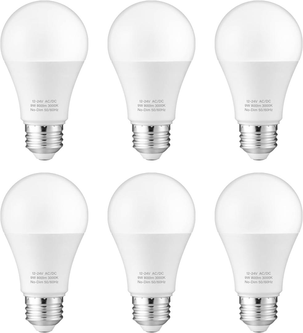 KEIVO 12V LED Light Bulb, 60W Equivalent, AC/DC 12-24 Low Voltage Bulb, Warm White 3000K, A19 9 Watts 800 Lumens, E26 Standard Base, RV, Camper, Off Grid Cabin, Solar Lighting, Pack of 6