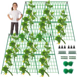2 Packs 48" x 48" Foldable Cucumber Trellis for Raised Bed- A-Frame Garden Trellis for Climbing Plant Outdoor with Climbing Net & Plant Support Clip for Outdoor Plants Zucchini Vegetables Flowers