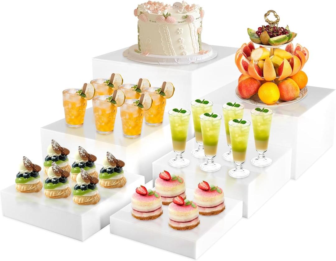 Buffet Risers White Food Risers for Buffet Table, Acrylic Food Display Stand Shelf for Catering Dessert Party Decor, Square Cube Display Base with Hollow Bottoms, 6 PCS, Item Shape: White-6pcs 5" 5.5" 6" 6.5" 7" 8"