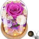 Preserved Flower in Glass Dome with Necklace - Forever Fresh Roses Gift for Women - Eternal Rose That Lasts 1-3 Years - Real Colorful Flowers for Delivery Prime - Birthday Gift for Mom, Grandma, Wife